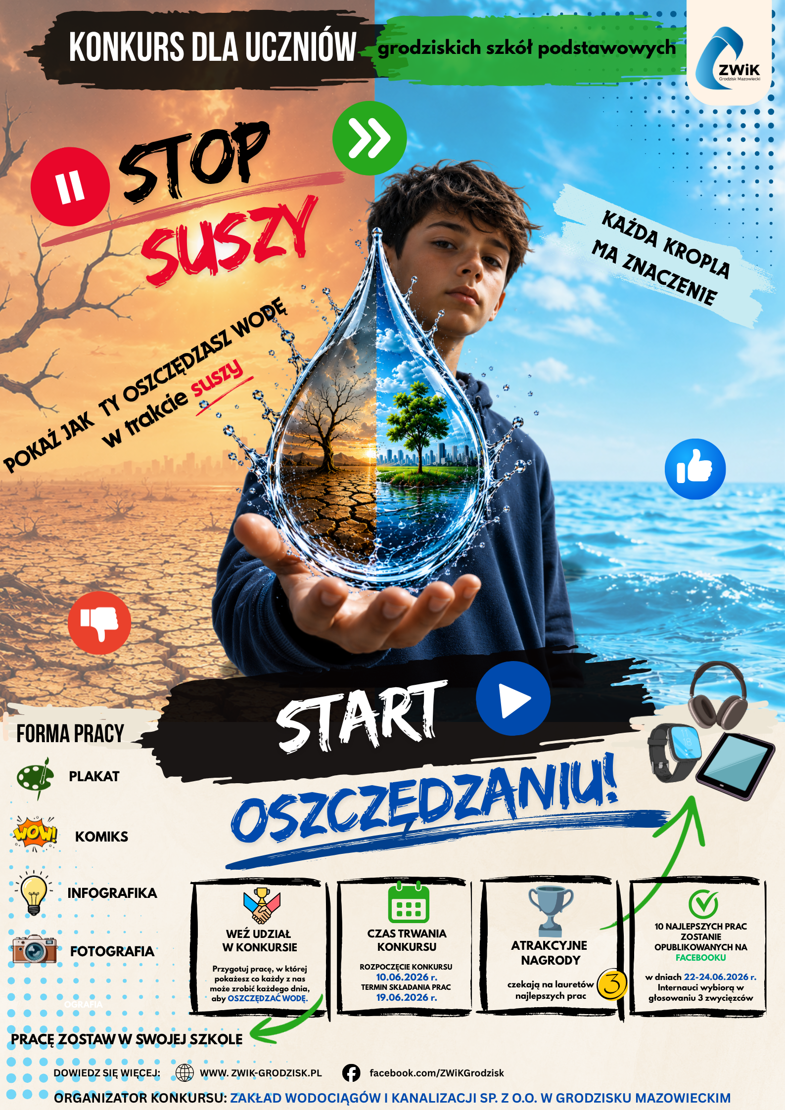 Plakat jest podzielony na&nbsp;dwie kontrastujące połowy. Lewa strona przedstawia spękaną, wyschniętą ziemię, uschnięte drzewo i&nbsp;pomarańczowe niebo. Prawa strona ukazuje czystą, błękitną wodę i&nbsp;pogodne niebo. W centrum znajduje się chłopiec, kt&oacute;ry na&nbsp;wyciągniętej dłoni trzyma dużą kroplę wody. Wewnątrz kropli r&oacute;wnież widać podział: po lewej stronie znajduje się martwe drzewo na&nbsp;suchej ziemi, a&nbsp;po prawej zdrowe, zielone drzewo na&nbsp;tle miasta. Na plakacie znajdują się ikony przycisk&oacute;w: czerwona "pauza" obok słowa "STOP", niebieskie "odtwarzanie" obok słowa "START" oraz&nbsp;ikony kciuka w&nbsp;d&oacute;ł (po stronie suchej) i&nbsp;kciuka w&nbsp;g&oacute;rę (po stronie wodnej). W prawym g&oacute;rnym rogu znajduje się logo ZWiK Grodzisk Mazowiecki.